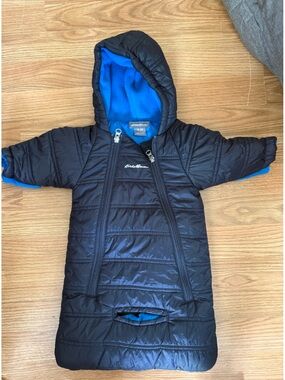 Eddie Bauer Black Puffer Infant Bunting with Bright Blue Lining